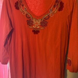 Charter Club Orange Embellished Tunic with Three-Quarter Sleeves